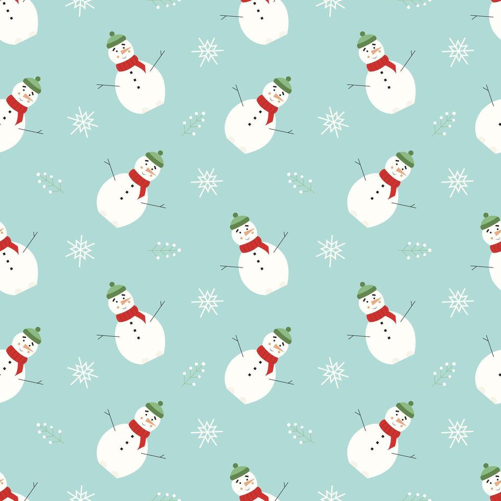 Winter seamless pattern with cute snowman in a knitted scarf and hat and snowflakes, with changeable background color. flat illustration vector