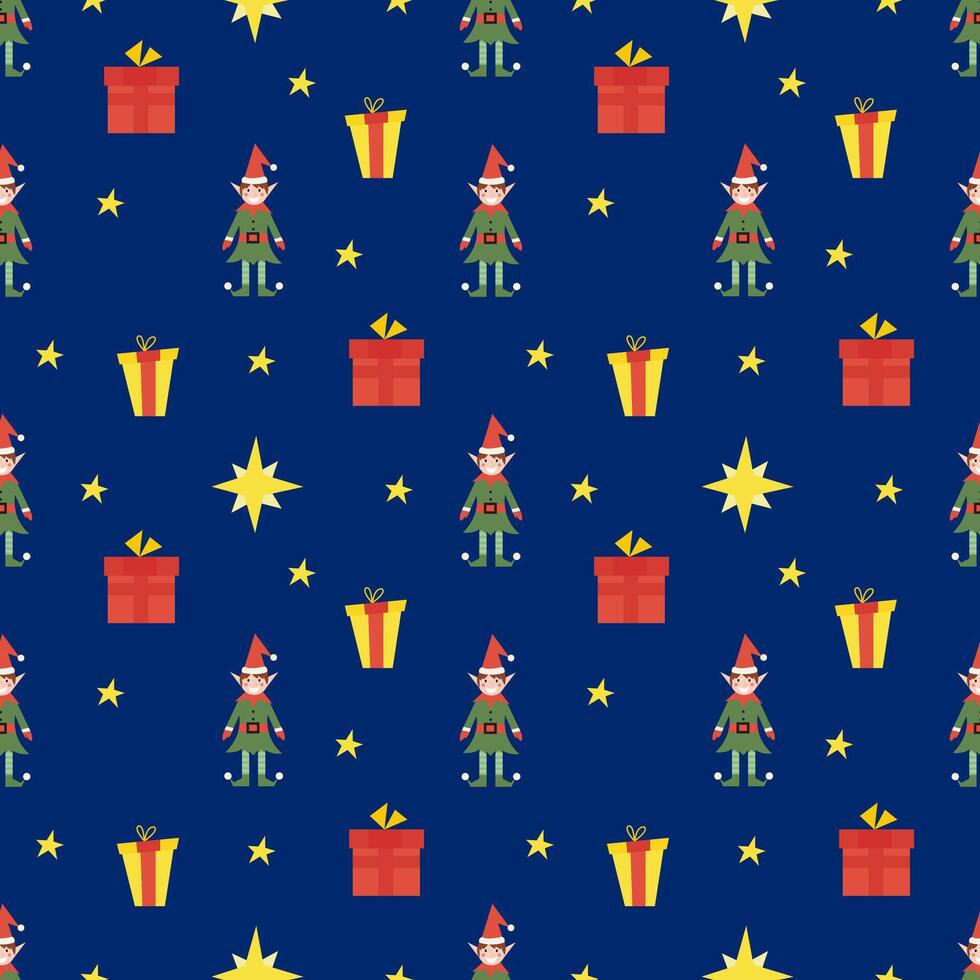 Christmas seamless pattern with cute little elf, stars and gifts, with changeable background color. flat illustration for print and design vector