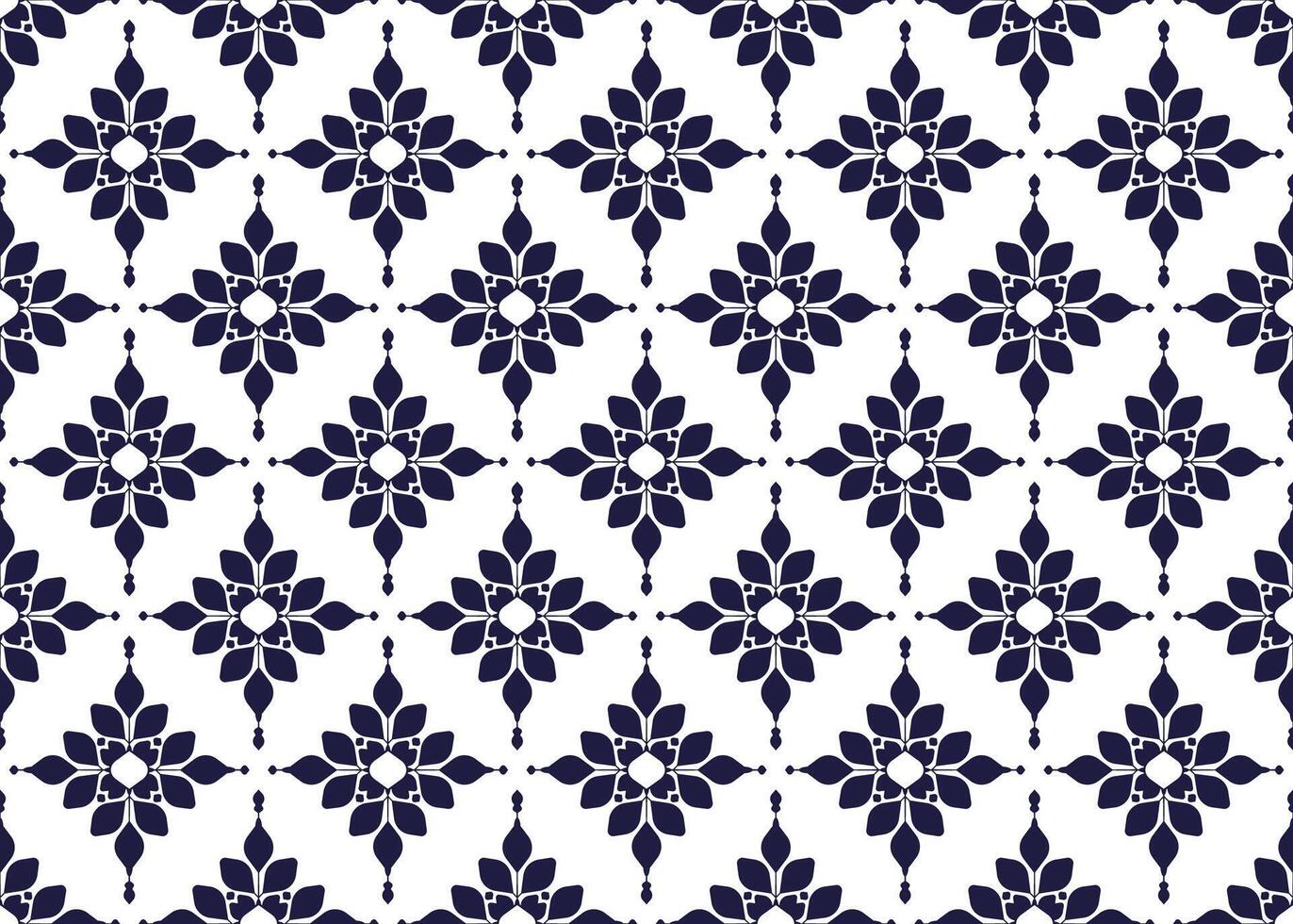 Symbol dark blue flowers and leaves on white background, ethnic fabric seamless pattern design for cloth carpet batik, wallpaper wrapping etc. vector