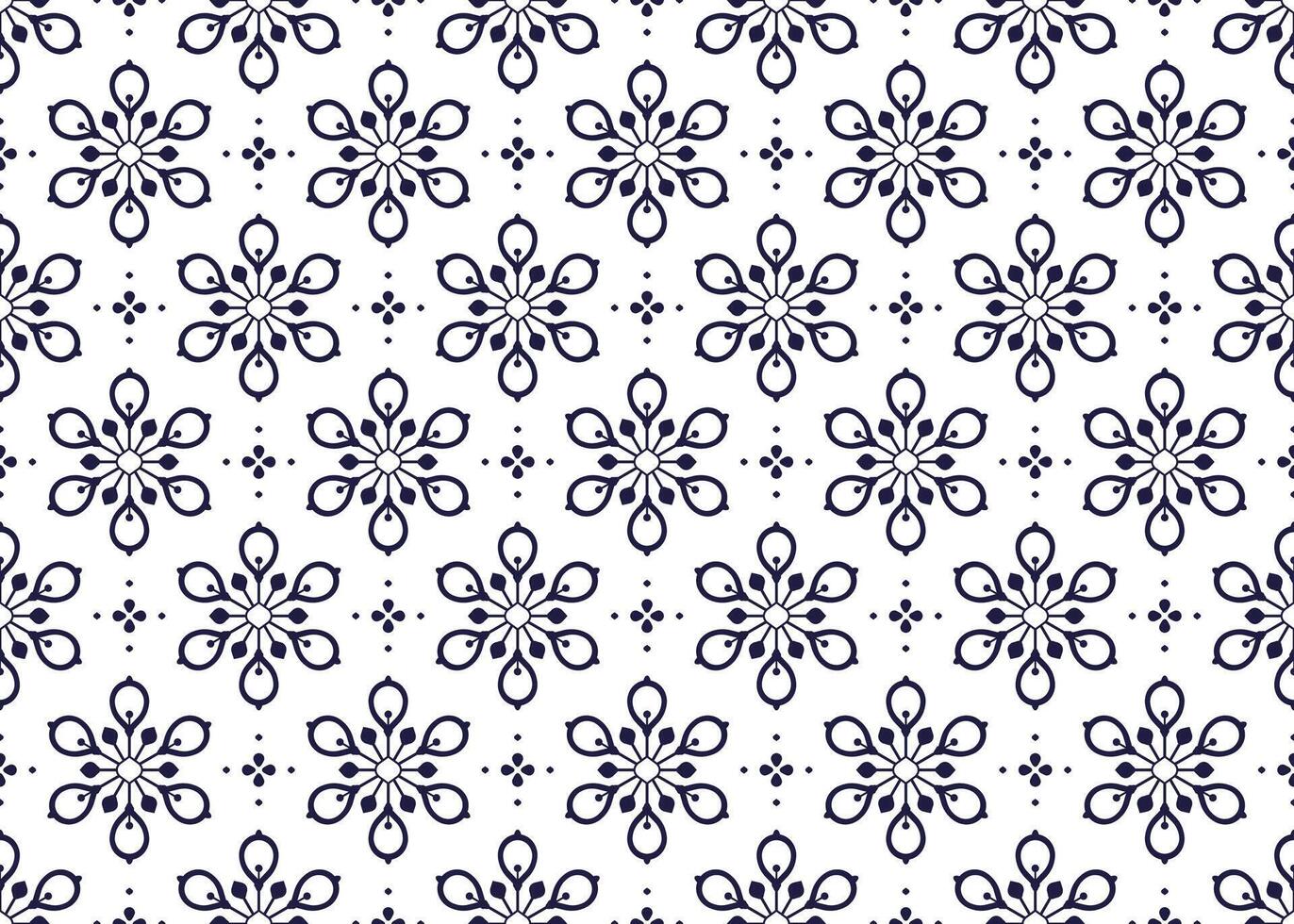 Symbol dark blue flowers on white background, ethnic fabric seamless pattern design for cloth, carpet, batik, wallpaper, wrapping etc. vector