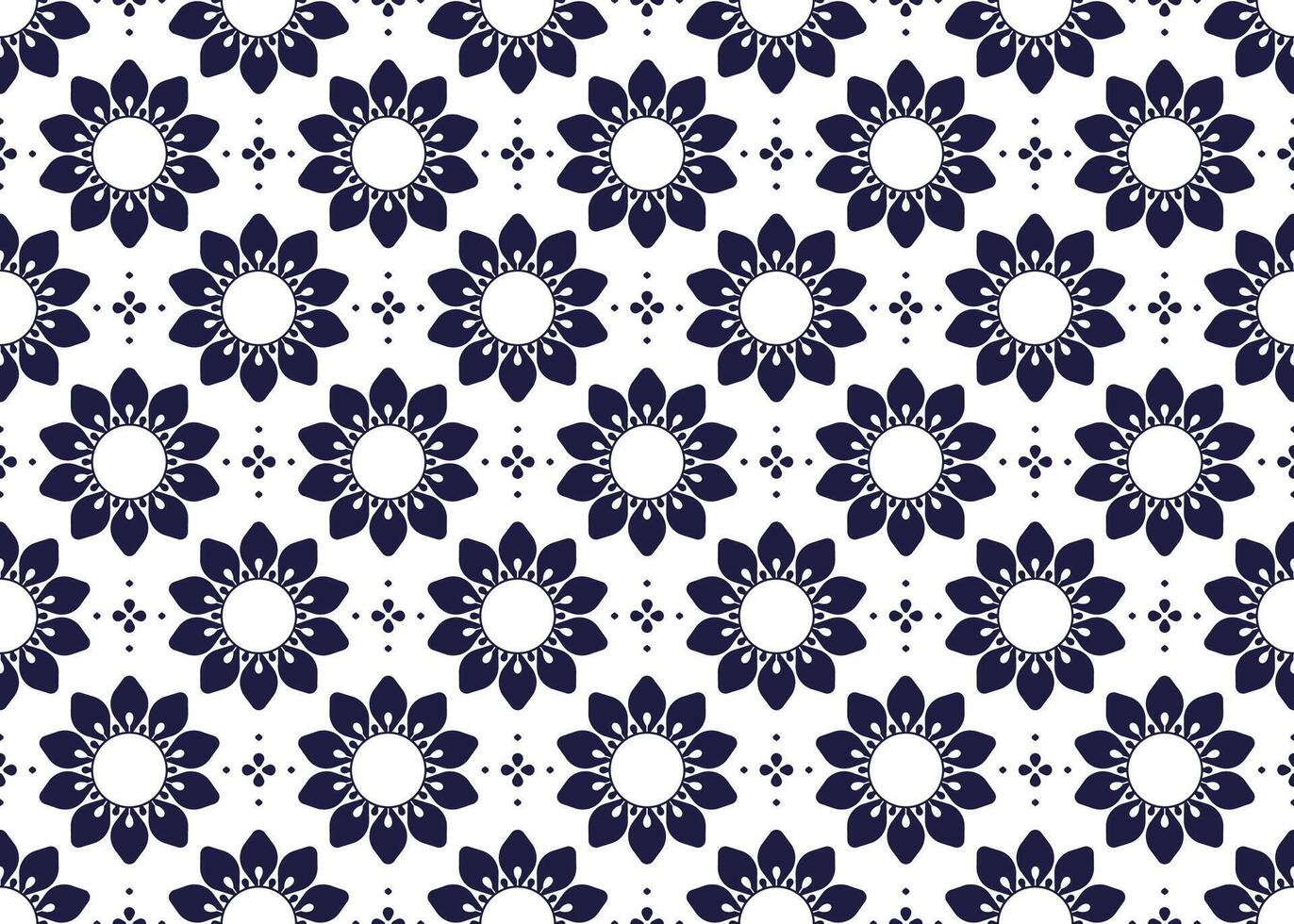 Symbol dark blue flowers on white background, ethnic fabric seamless pattern design for cloth, carpet, batik, wallpaper, wrapping etc. vector