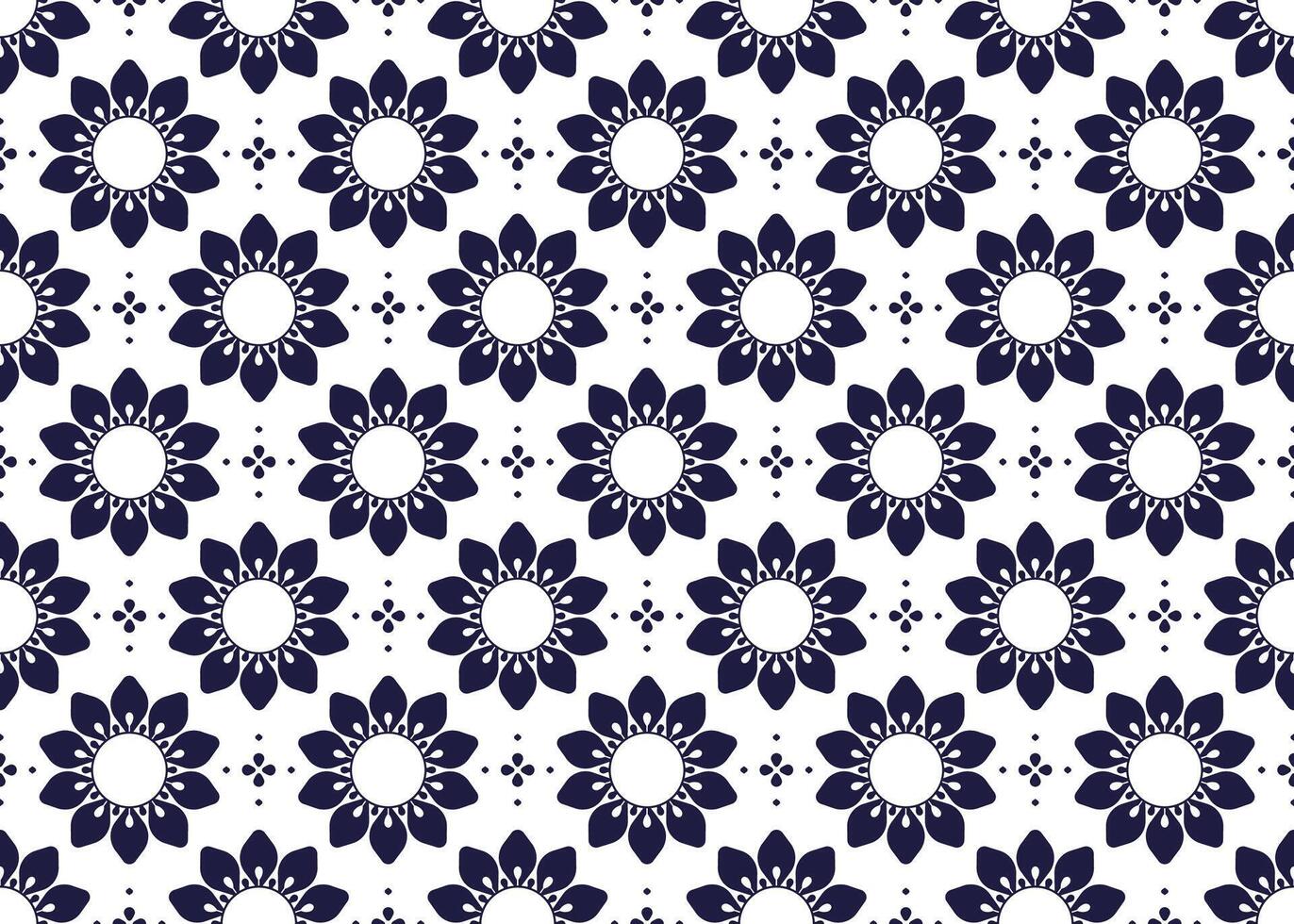 Symbol dark blue flowers on white background, ethnic fabric seamless pattern design for cloth, carpet, batik, wallpaper, wrapping etc. vector