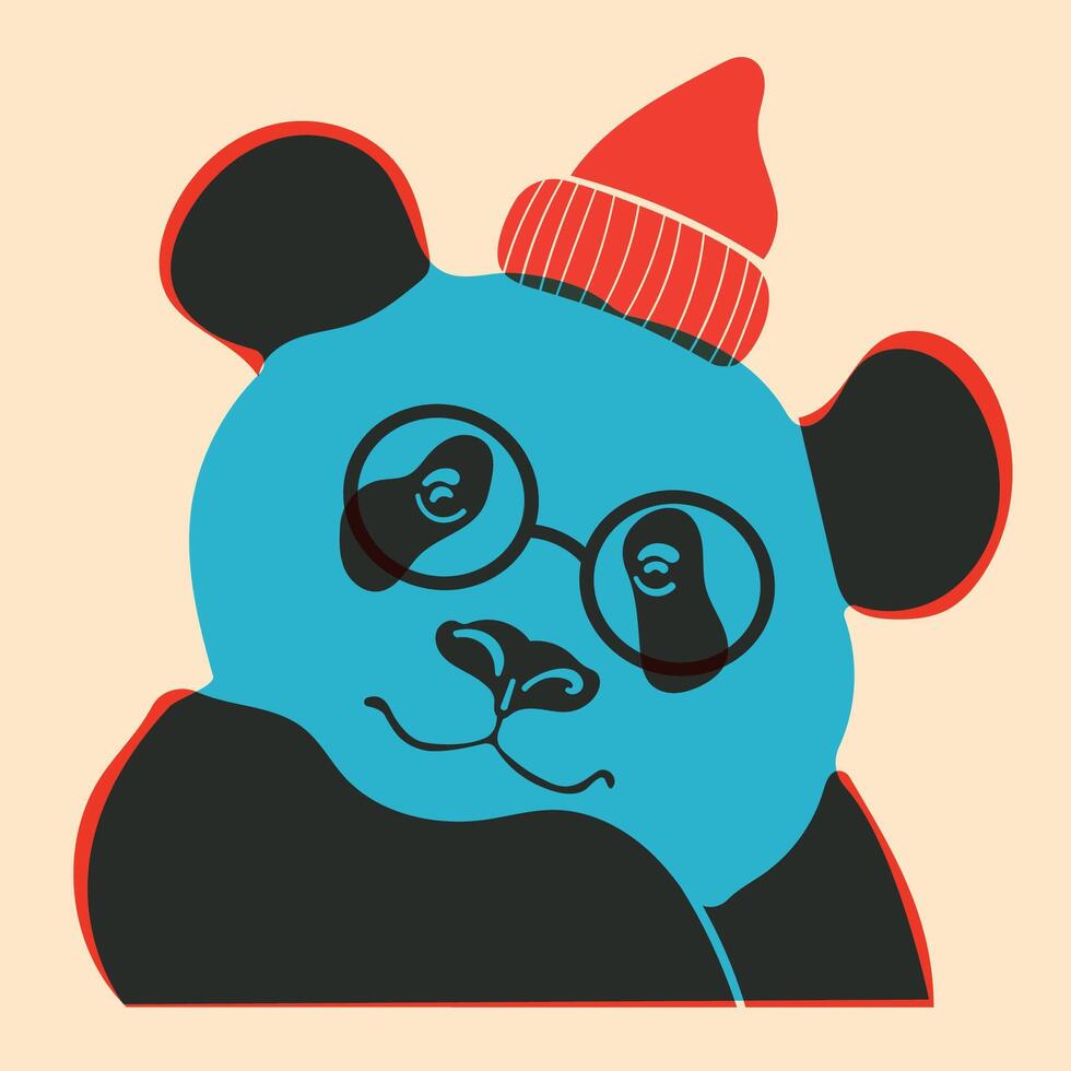 Panda in hat. Avatar, badge, poster, logo templates, print. illustration in a minimalist style with Riso print effect. Flat cartoon style vector