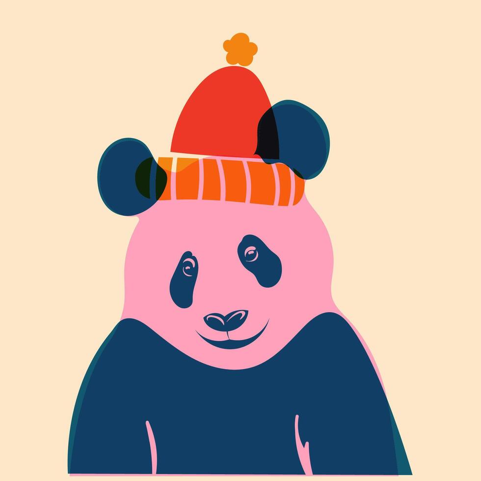 Panda in hat. Avatar, badge, poster, logo templates, print. illustration in a minimalist style with Riso print effect. Flat cartoon style vector