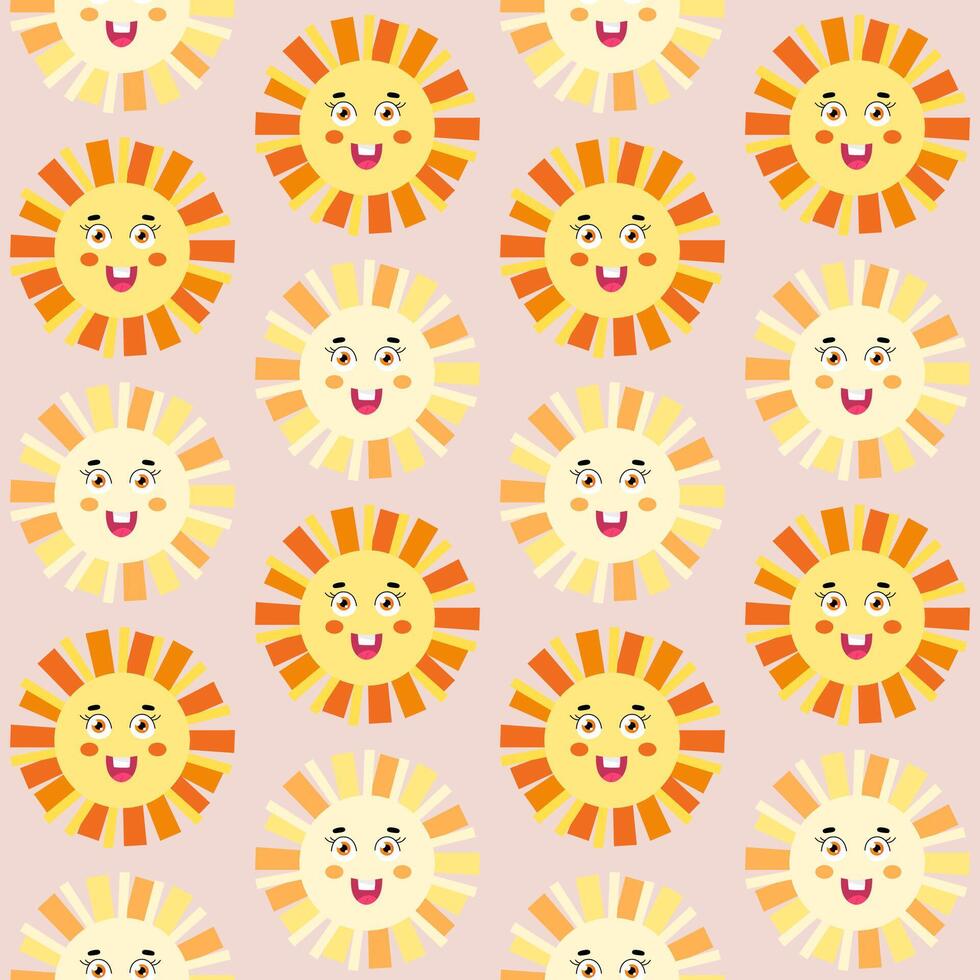 Abstract seamless pattern with simple geometric sun. Happy cute sun. Illustratoin for kids design, textile decoration vector