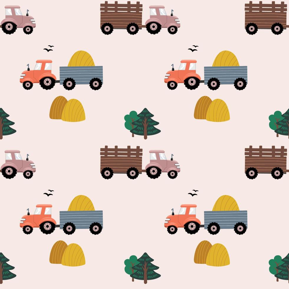 Farm transport seamless pattern Landscape background with tractors. Hand drawn design for print, wallpaper, kids clothes, fashion. vector