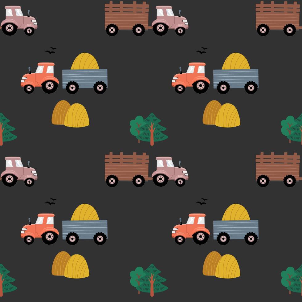 Farm transport seamless pattern Landscape background with tractors. Hand drawn design for print, wallpaper, kids clothes, fashion. vector