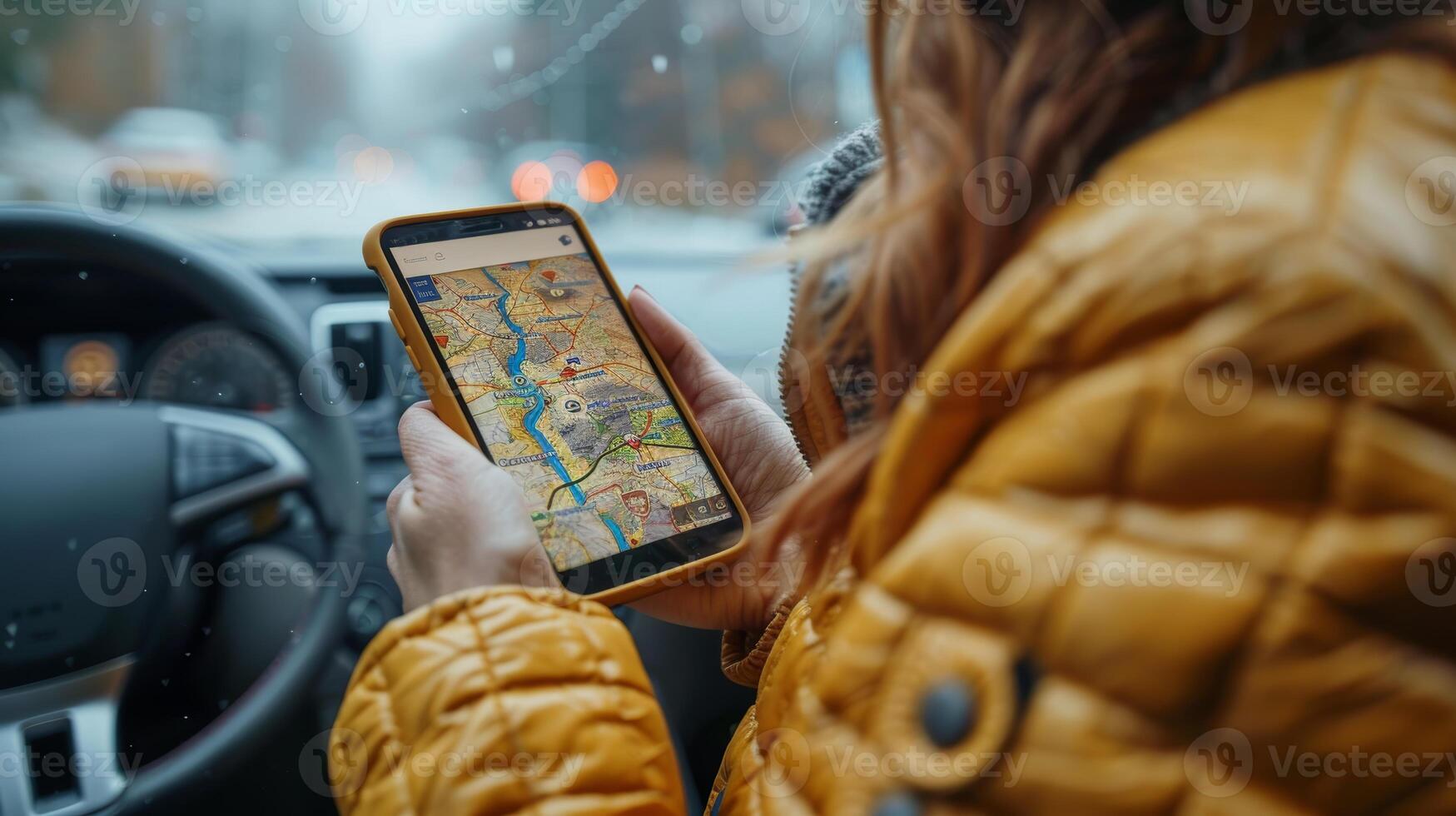 Woman Using Smartphone GPS Map in Car During Winter photo