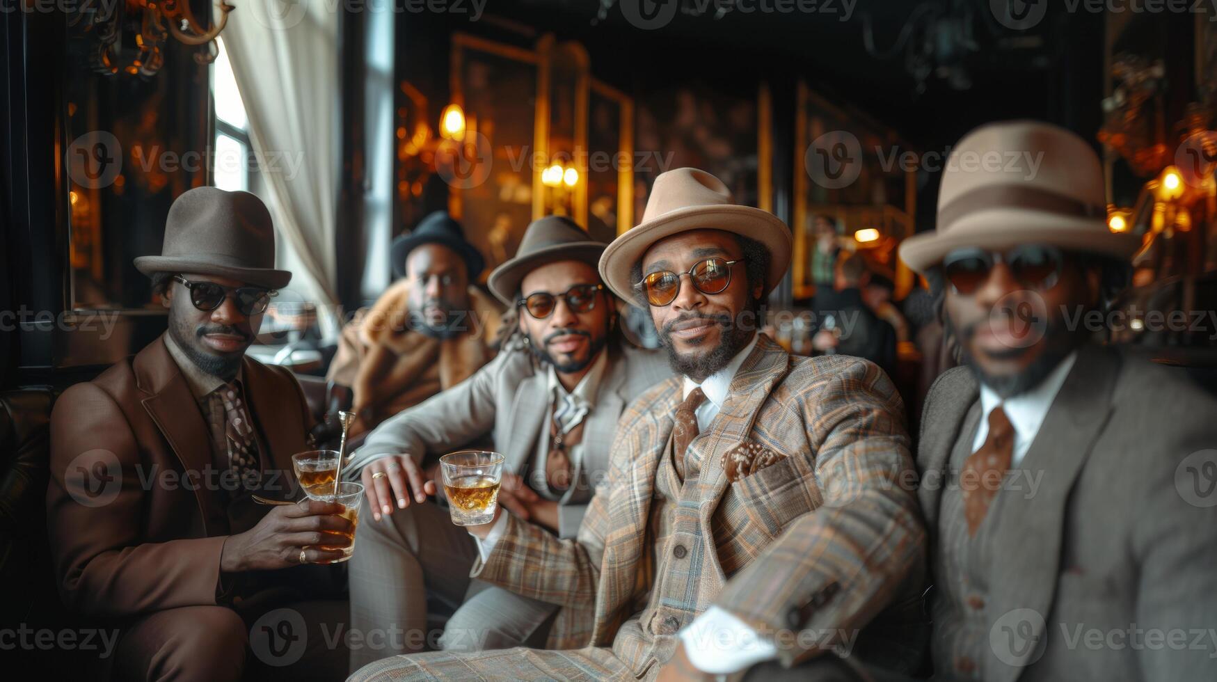 Elegant Retro Men Toasting Drinks in Luxurious Bar Setting photo