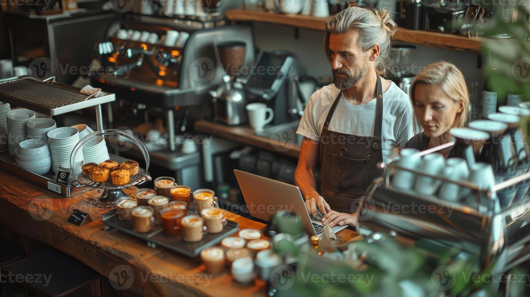 Coffee Shop Owners Managing Business Operations on Laptop photo