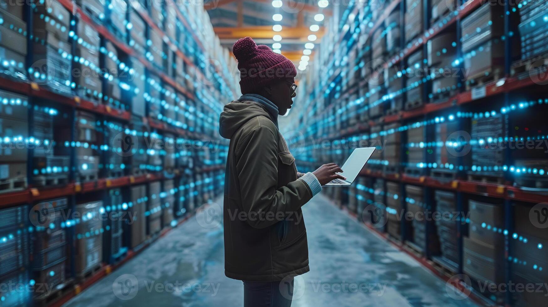 Engineer Analyzing Data in a High-Tech Server Room photo