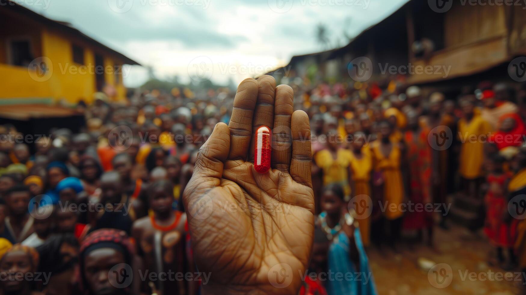 Hand Holding Pills Against Crowd in African Village photo