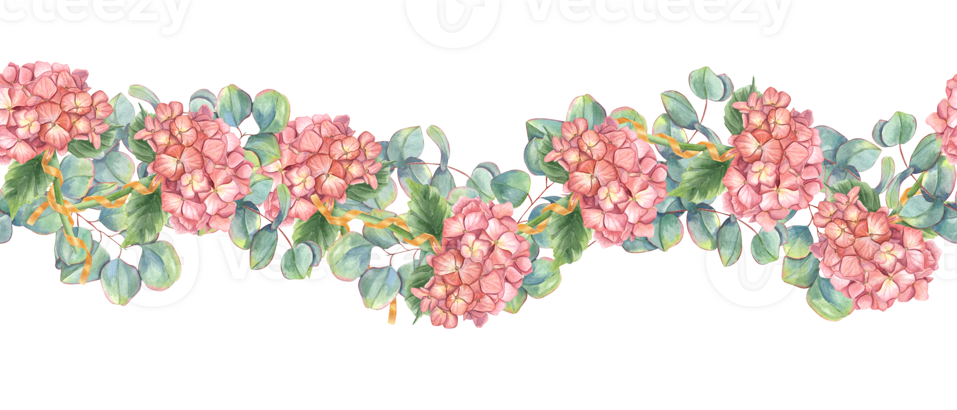 Vintage ▾ confine con hortensia fiori e eucalipto rami. fresco estate impianti. orizzontale floreale striscione. ortensia, argento dollaro eucalipto. acquerello illustrazione per nozze design png