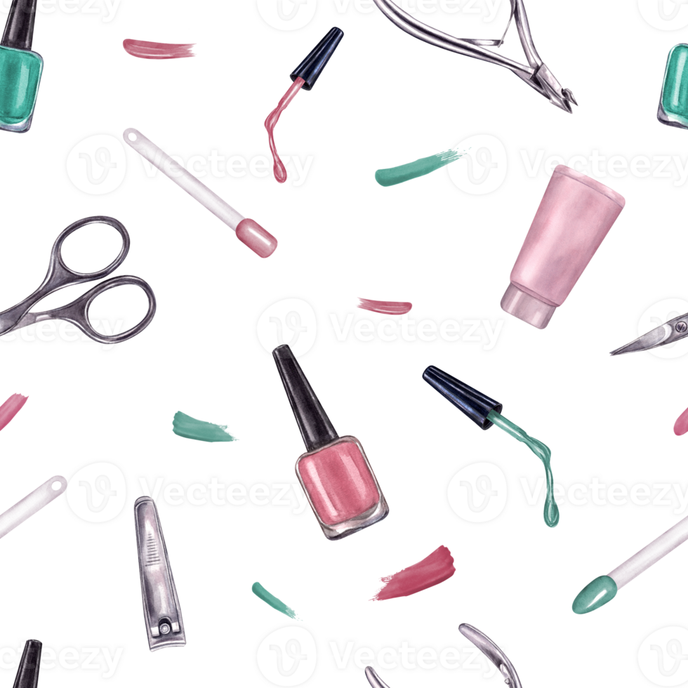 manicure instrumenten met spatten. nagel roze, groen Pools, trimmer, nagelriem schaar, tondeuse voor nagel behandeling. naadloos patroon. waterverf illustratie voor pakket, textiel png