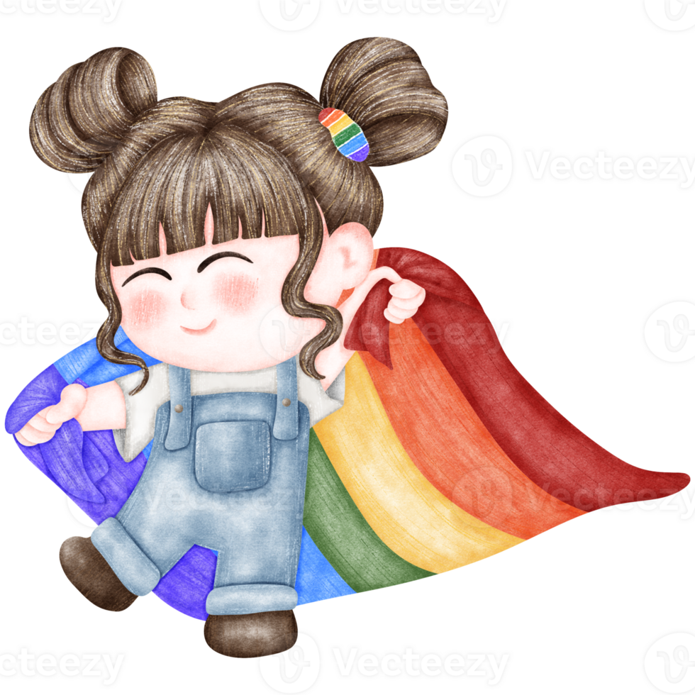 Girl holding a large rainbow flag. png