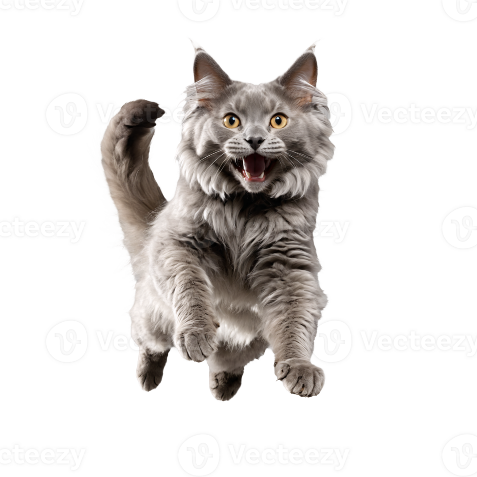 gray nebelung cat running and jumping isolated transparent photo png