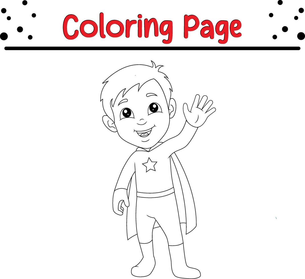 cute boy wearing superhero coloring book page for kids. vector