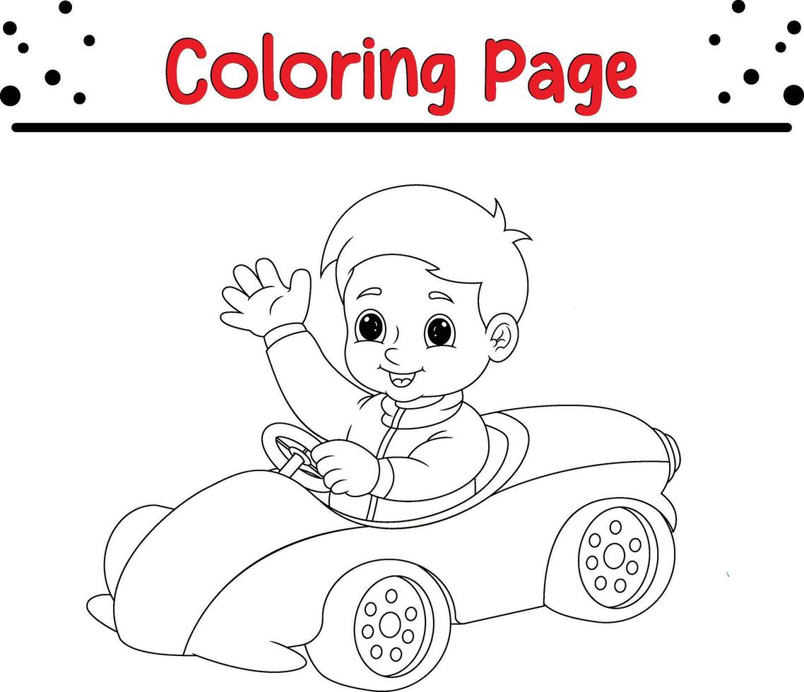 funny little boy driving toy car waving coloring page for kids. vector