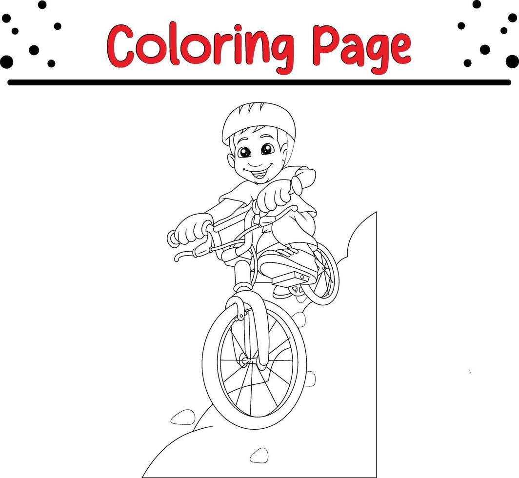 cute boy mountain biking white coloring book page for kids. vector