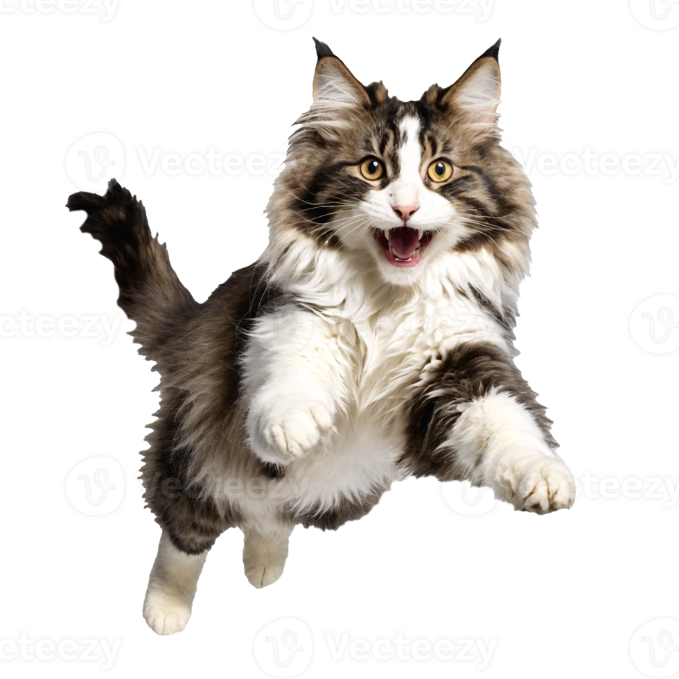 norwegian forest cat running and jumping isolated transparent photo png