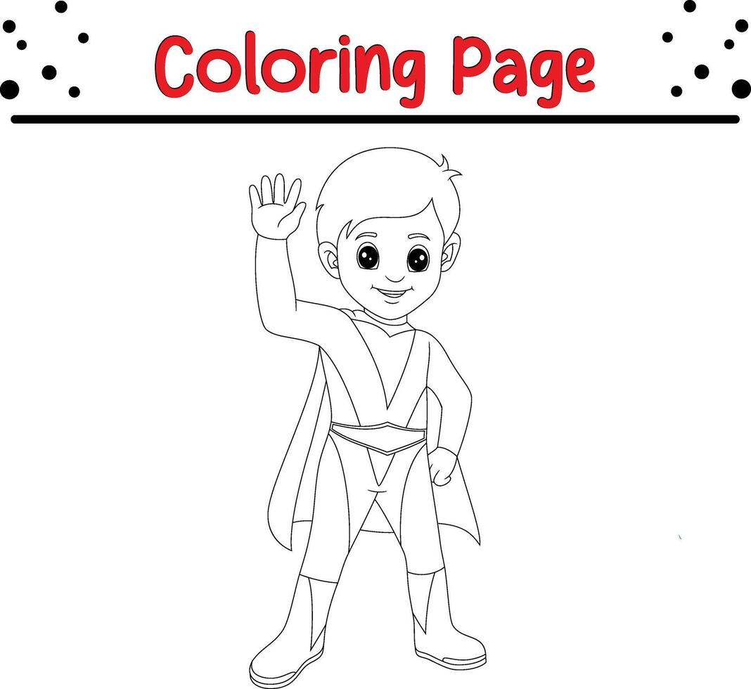 boy wearing superhero costume coloring book page for kids. vector