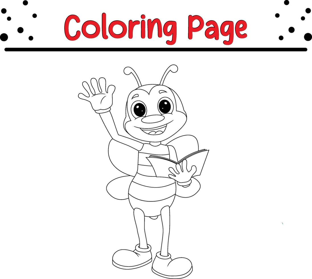 cute bee holding book coloring page for kids and adults vector