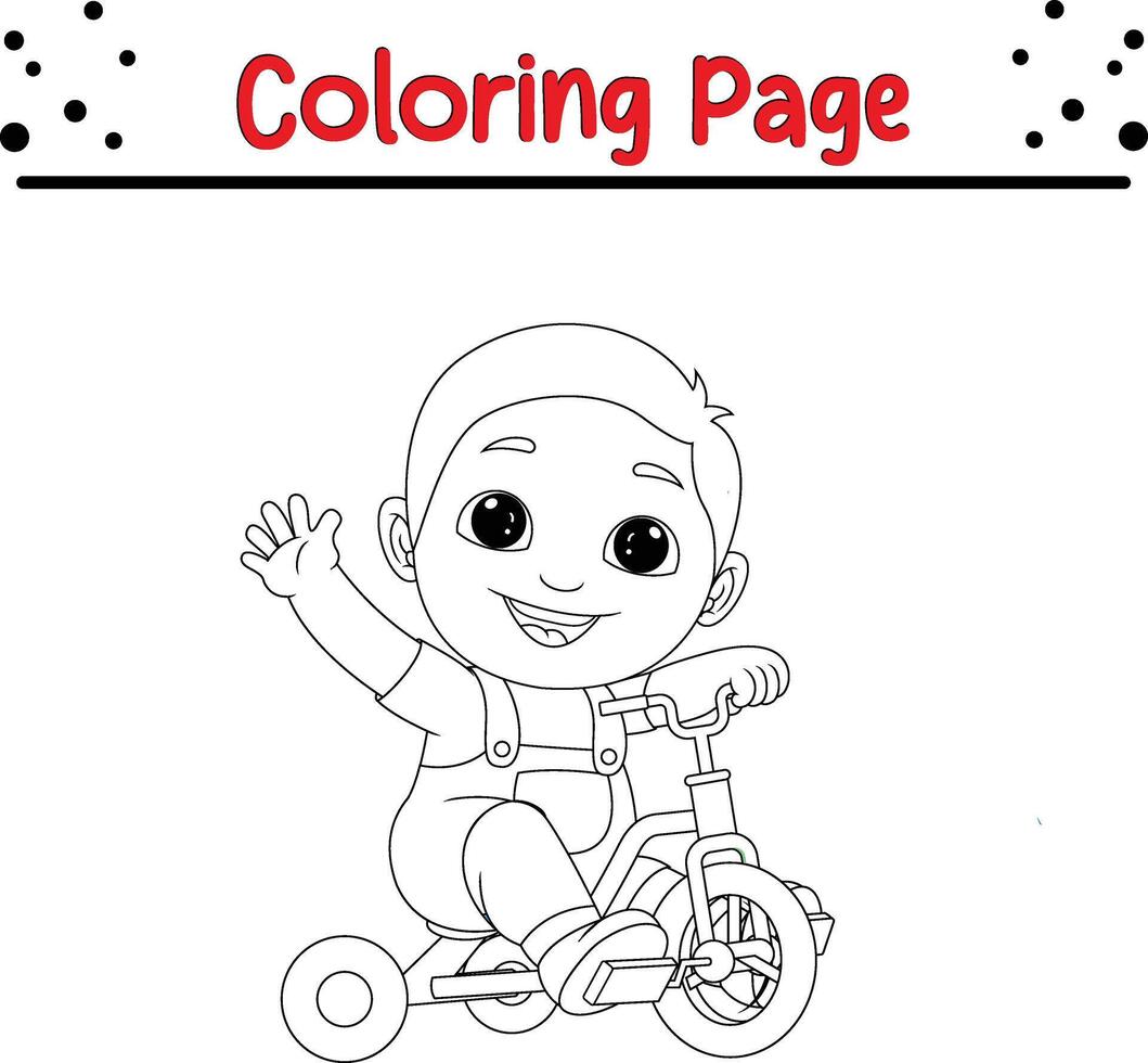 little boy riding tricycle waving coloring page for kids. Black and white illustration for coloring book vector