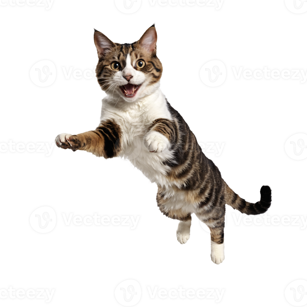 moggie cat running and jumping isolated transparent photo png