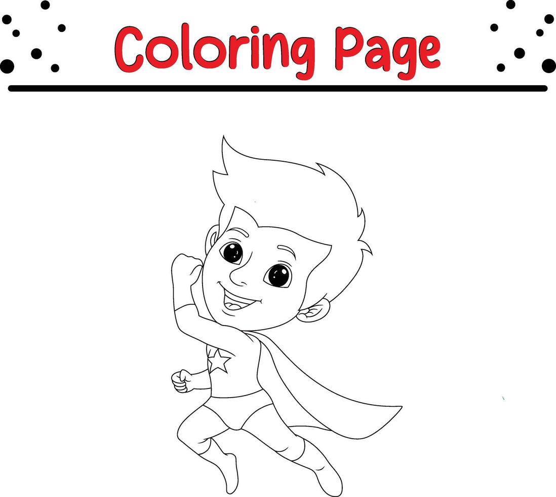 cute boy wearing superhero costume coloring book page for kids. vector