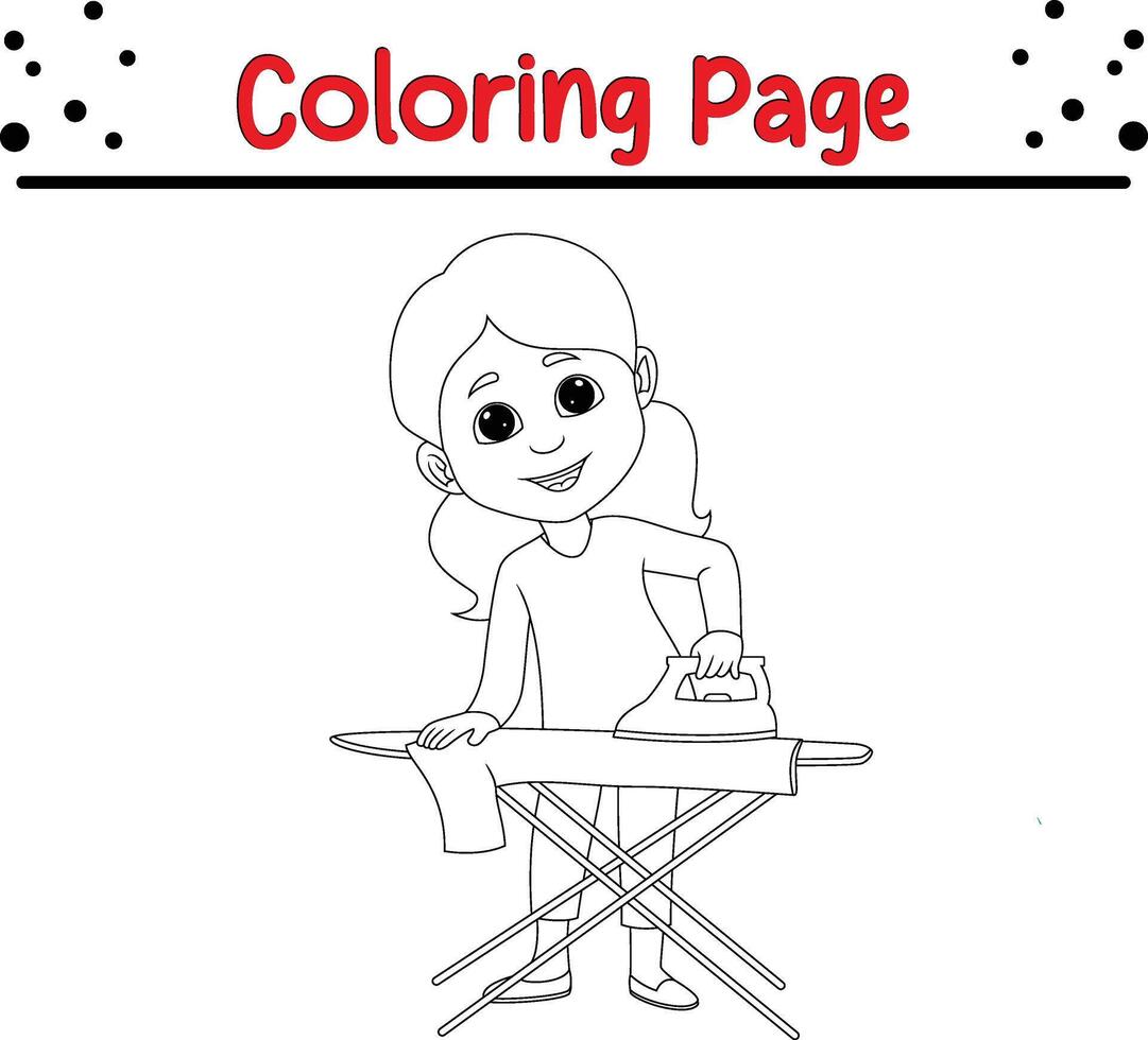 joven niña planchado ropa colorante página para niños y adultos vector