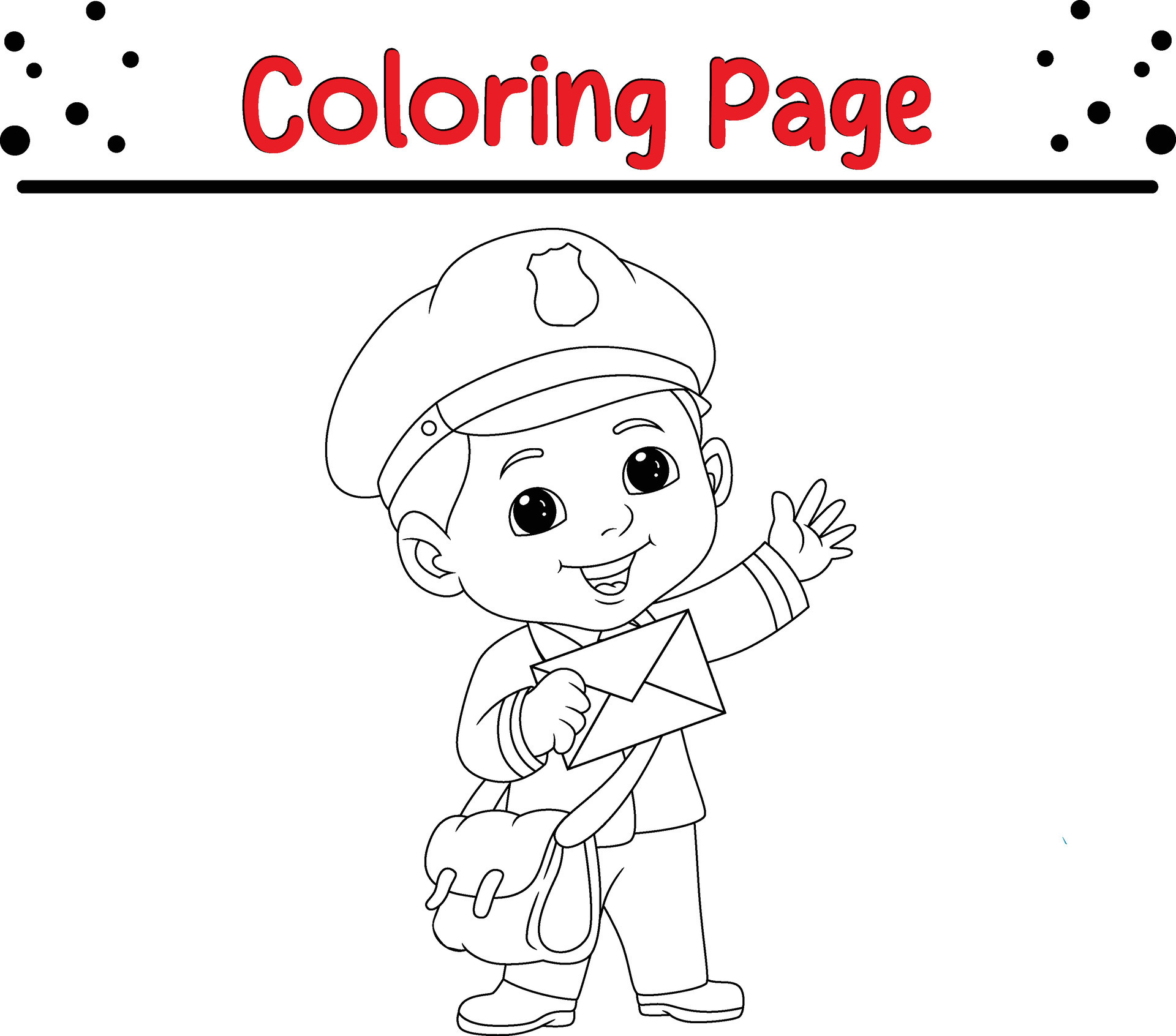 post boy posing holding envelope coloring book page for kids. 44760710