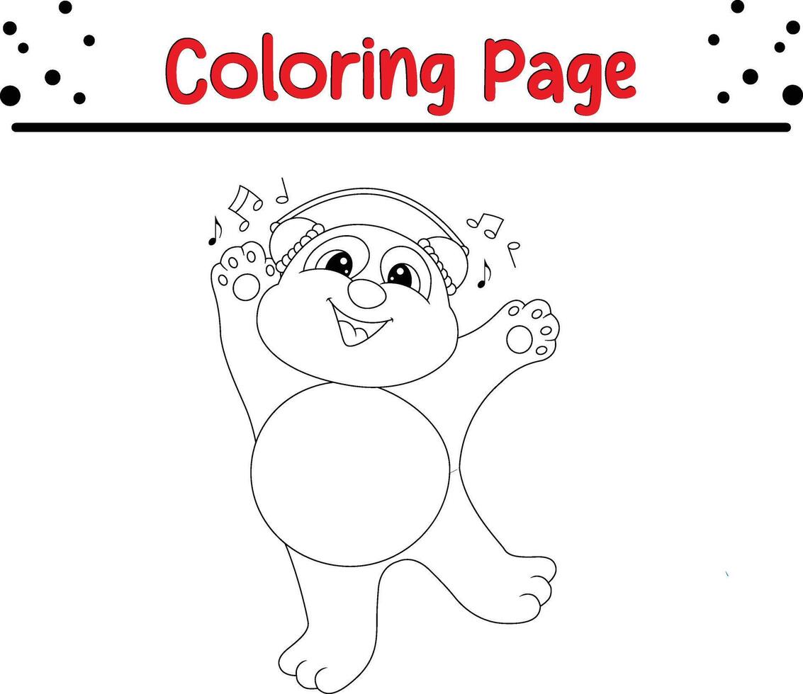funny panda listening music coloring page for kids. Black and white illustration for coloring book vector