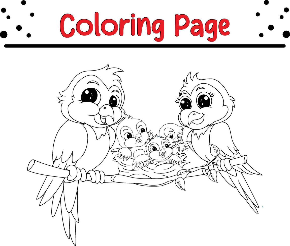 pájaro familia árbol colorante libro página para niños. vector