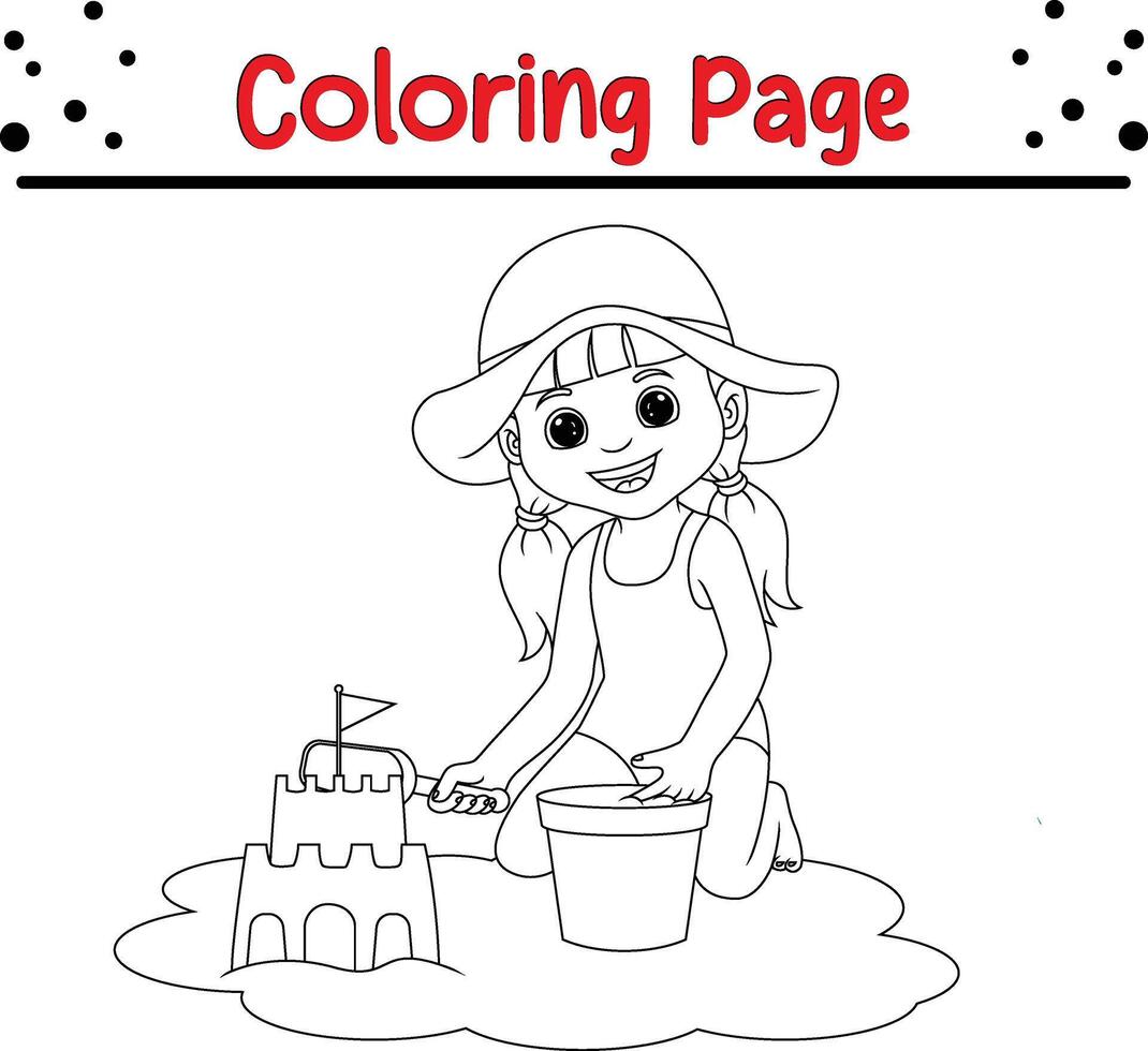 pequeño niña jugando arena colorante libro página para niños. vector