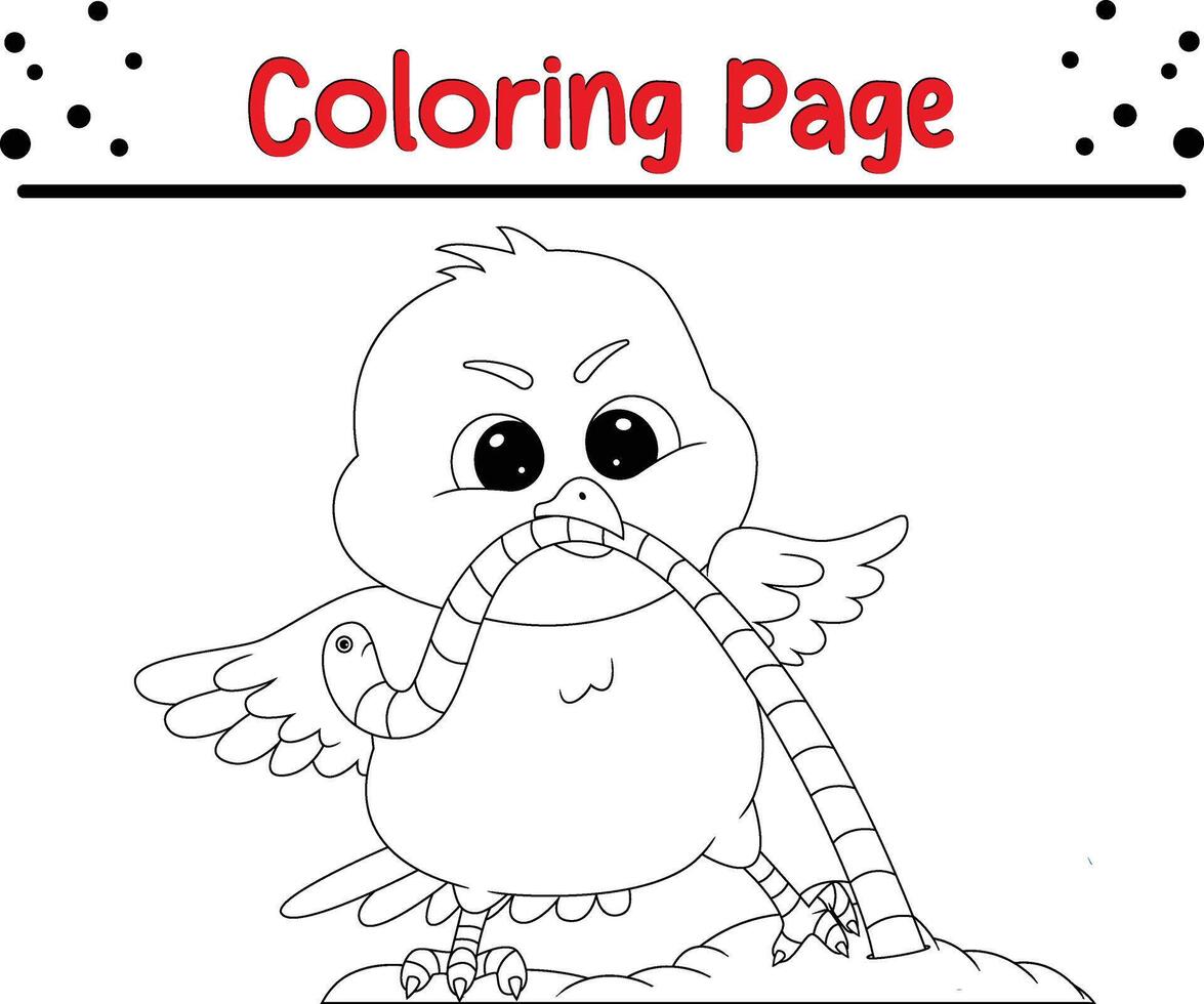 cute bird bites worm pulls it from ground coloring page for kids and adults vector
