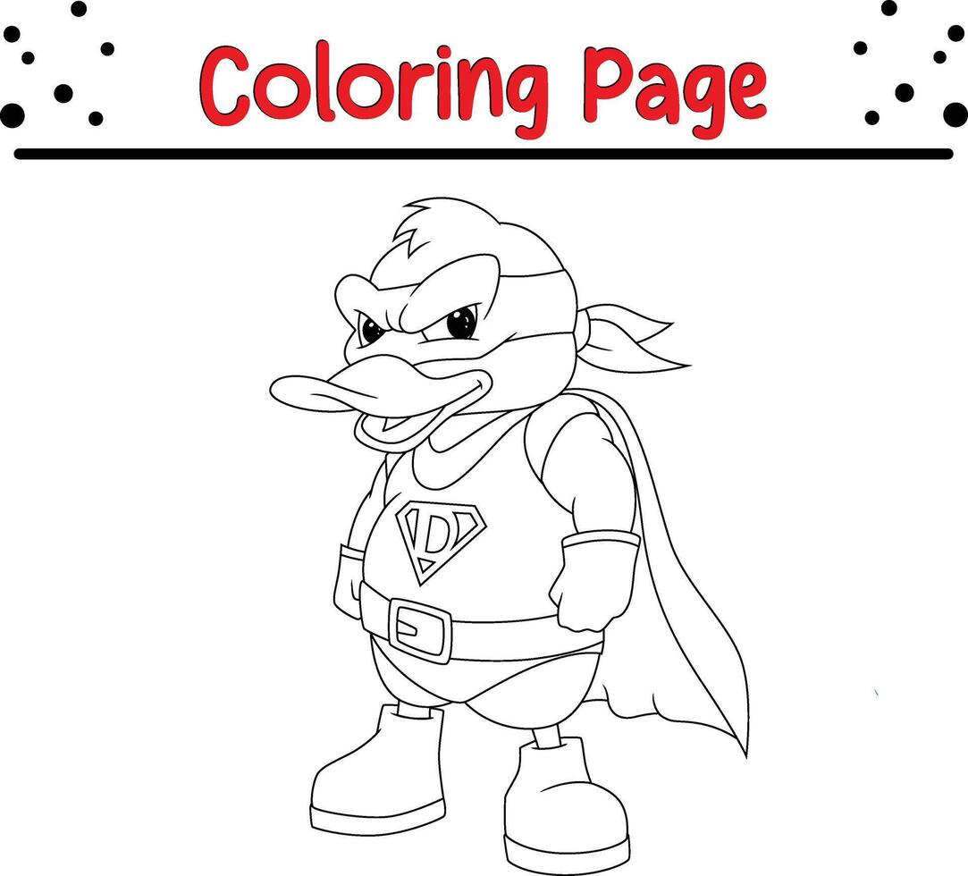 cute duck wearing superhero costume coloring page for kids. Black and white illustration for coloring book vector