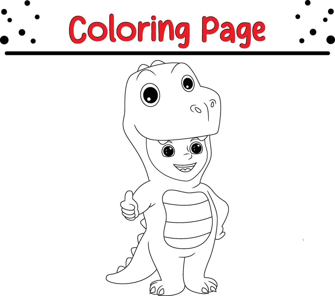 chico vistiendo dinosaurio disfraz pulgares arriba colorante libro página para niños. vector