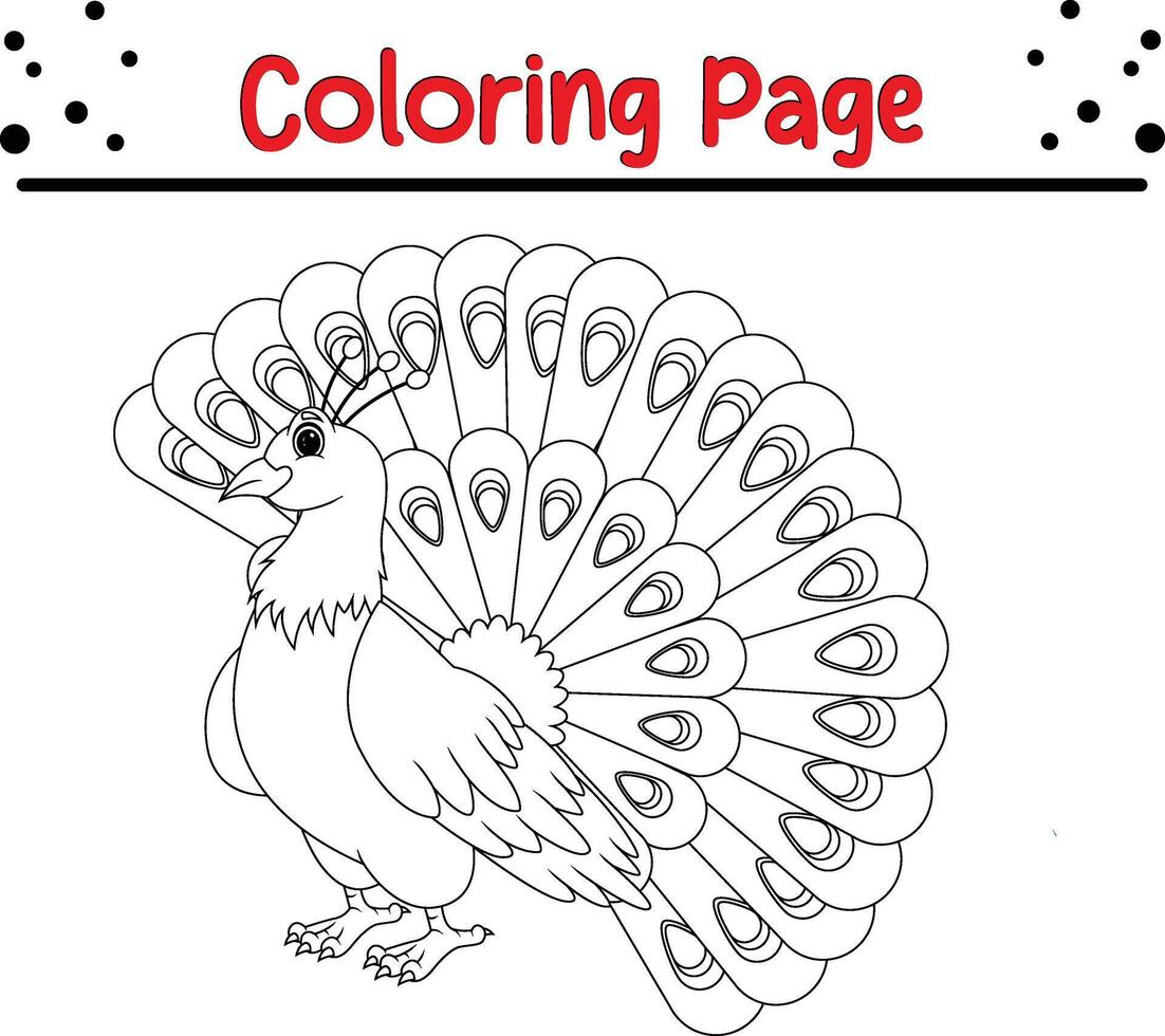 cute peacock coloring page for kids. Black and white illustration for coloring book vector