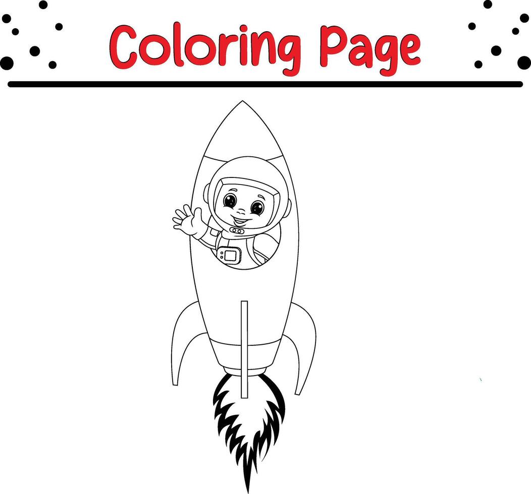 young astronaut waving from rocket coloring book page for kids. vector