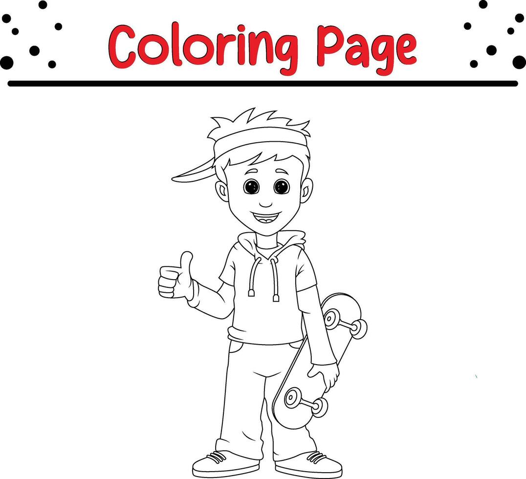 boy thumbs up holding skateboard coloring page for kids and adults vector