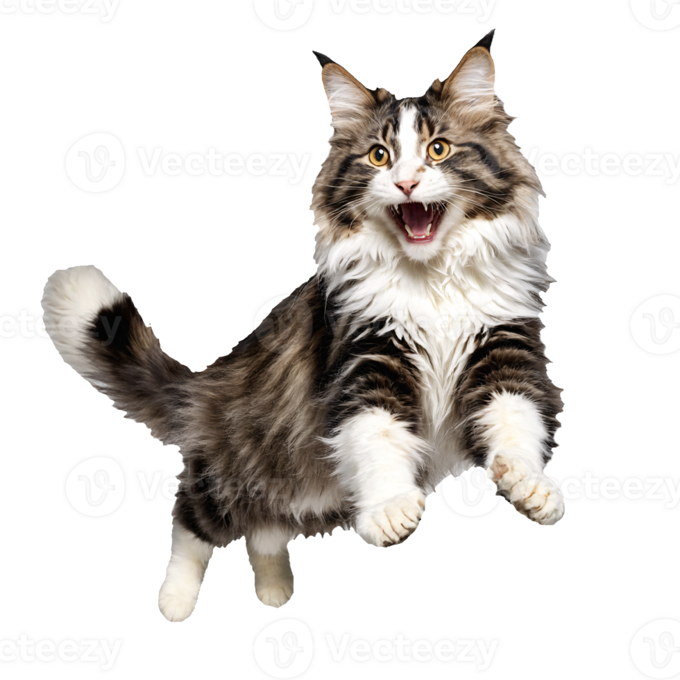 norwegian forest cat running and jumping isolated transparent photo png