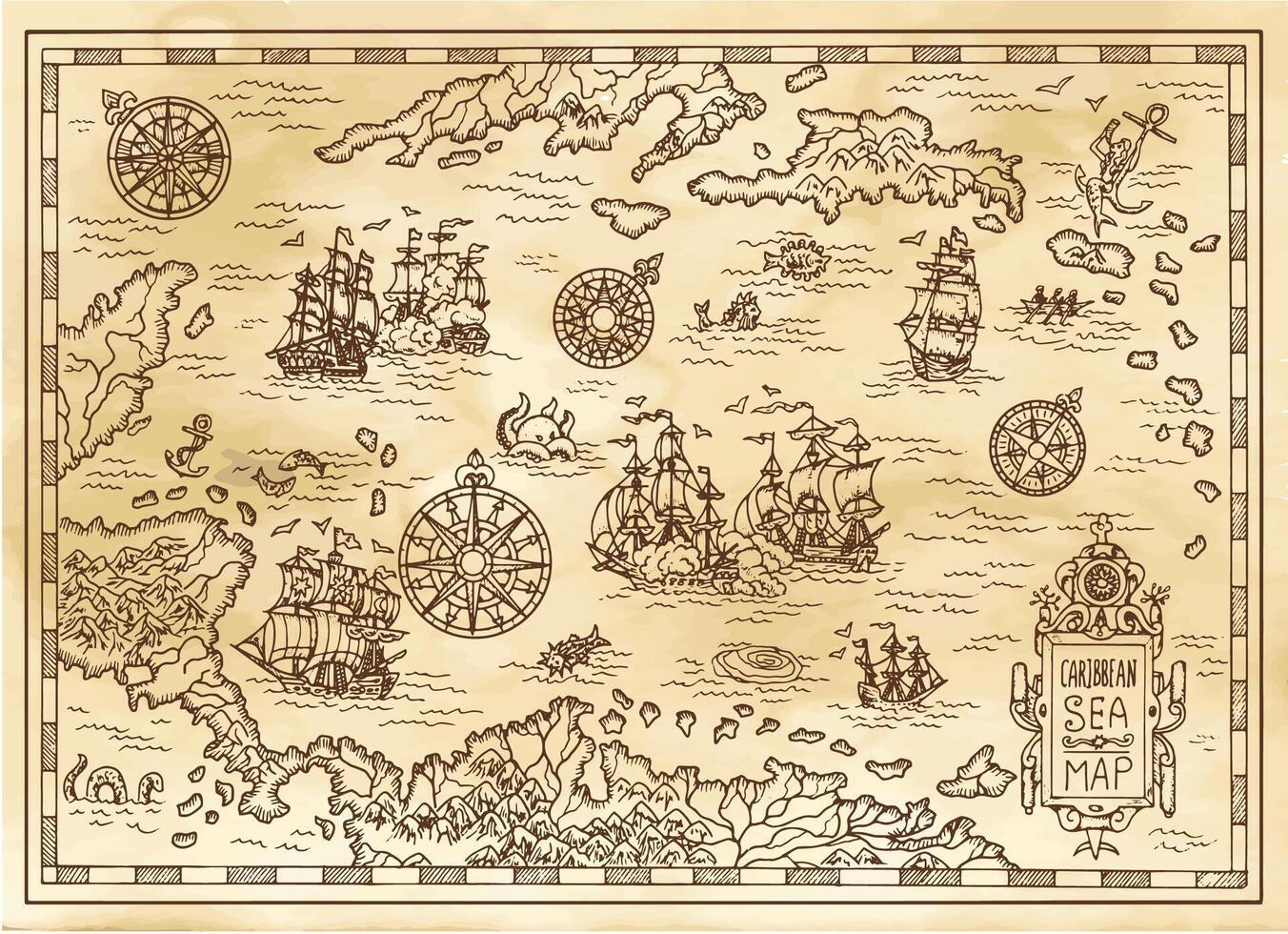 Ancient pirate map of the Caribbean sea with ships, islands and fantasy creatures vector