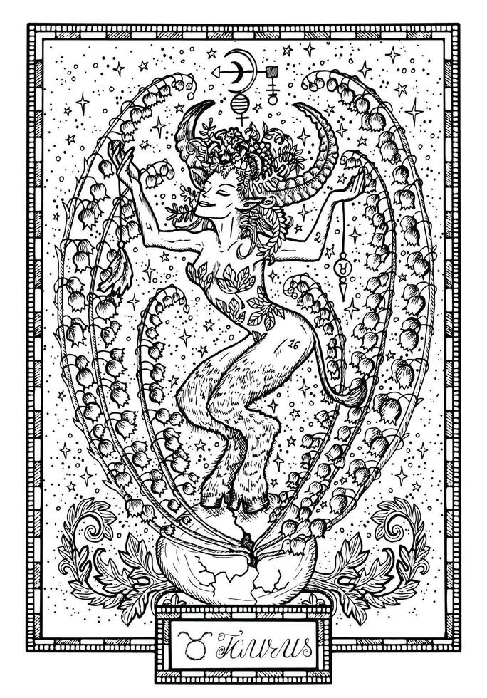 Zodiac sign Taurus or Bull. Hand drawn fantasy graphic illustration in frame vector