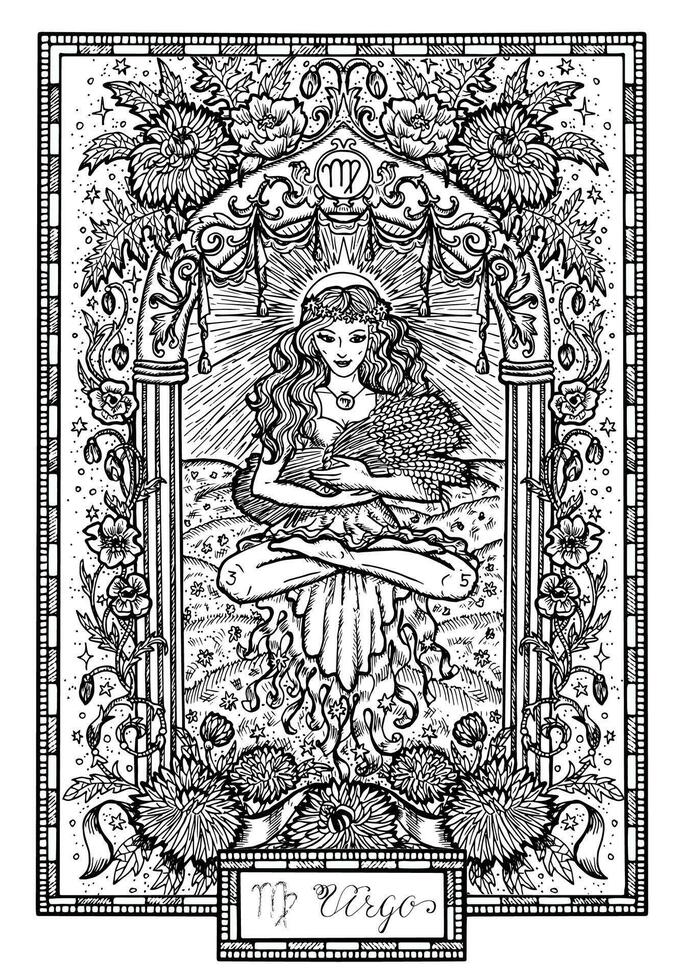 Zodiac sign Virgor or Virgin. Hand drawn fantasy graphic illustration in frame vector