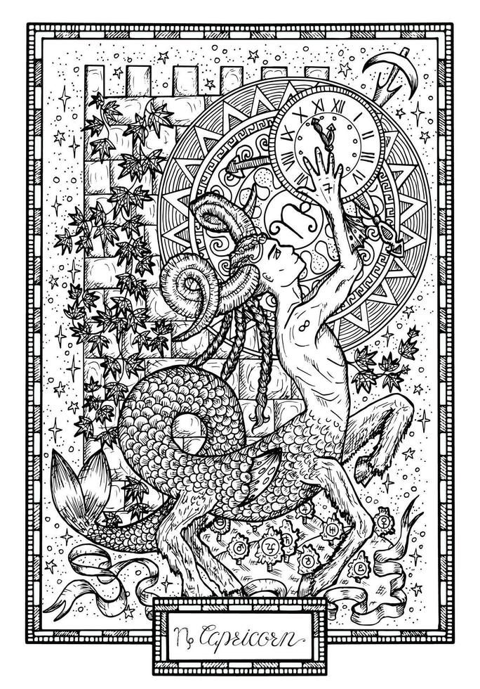 Zodiac sign Capricorn. Hand drawn fantasy graphic illustration in frame vector