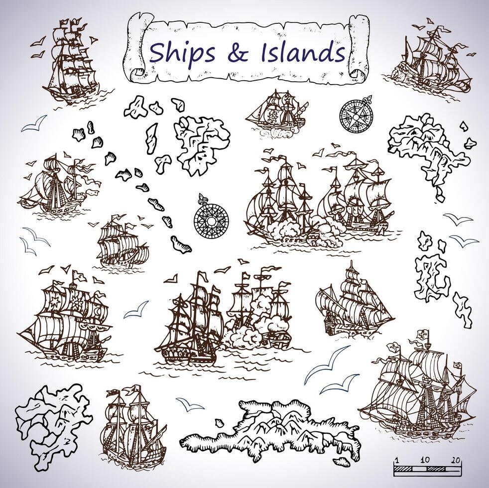 Design set with old sailing ships, treasure islands, compasses vector