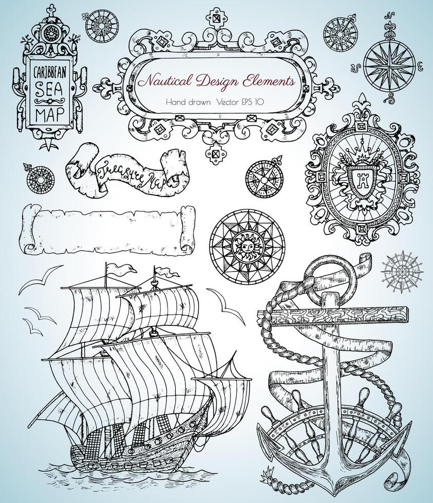 Design set with old nautical elemens, sailing ship, anchor vector