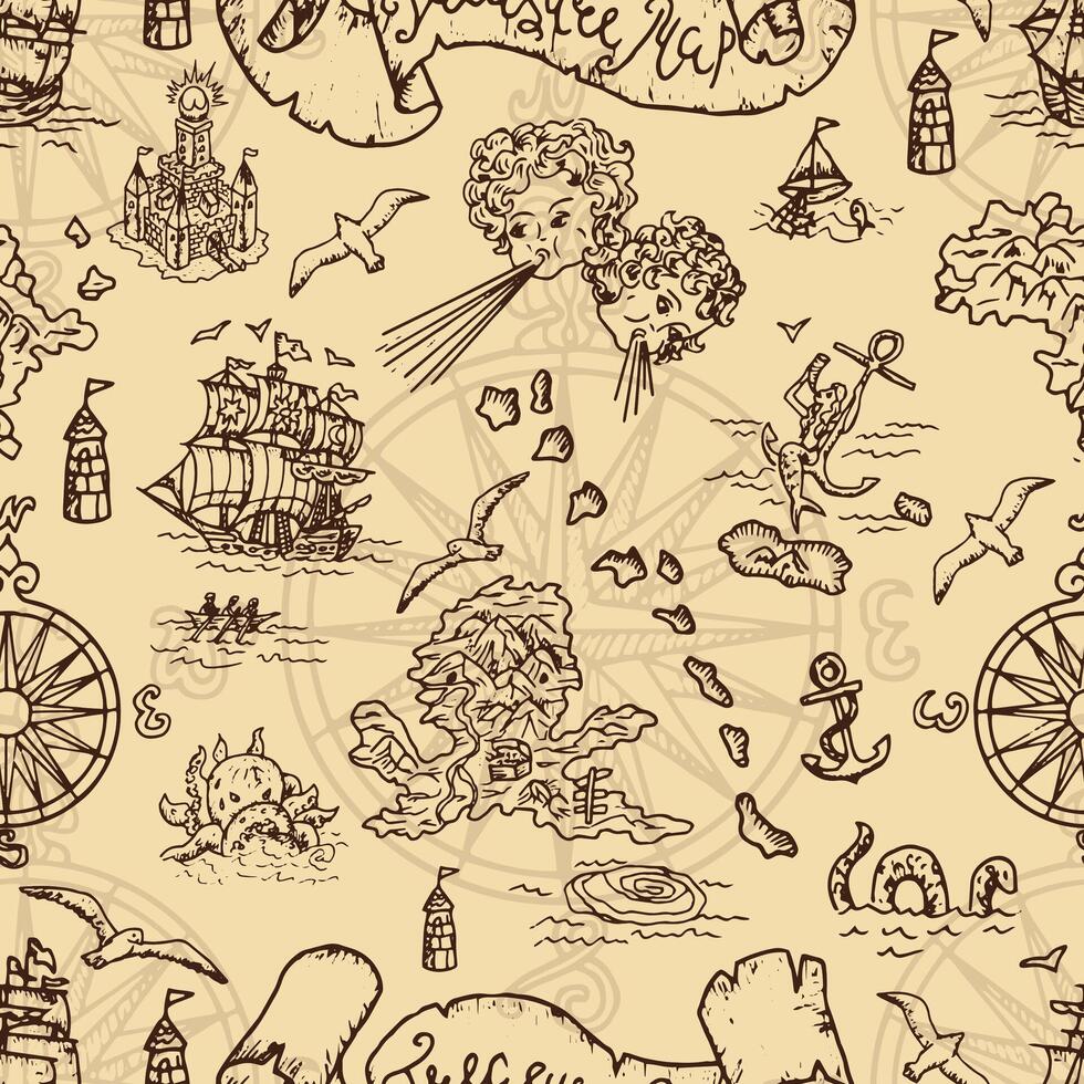 Seamless background with marine and nautical elements, old ships, compass vector