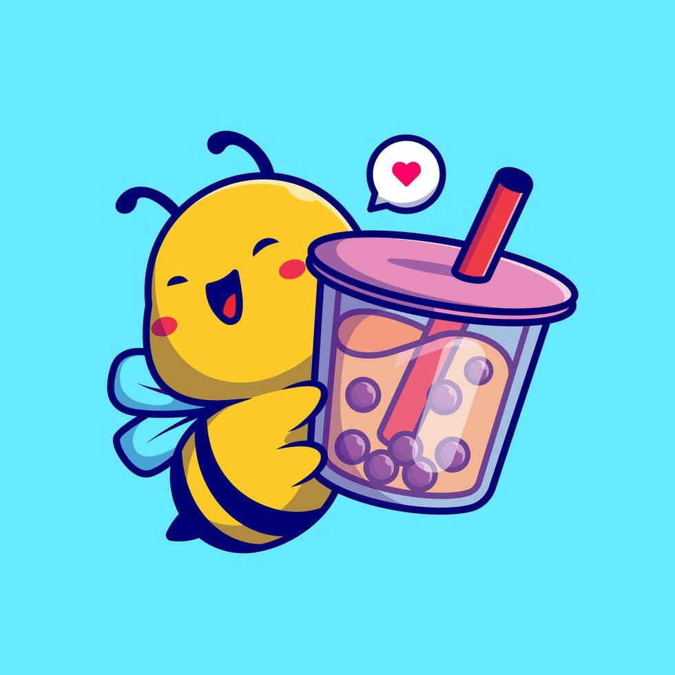 Cute Bee Holding Boba Milk Tea Drink Cartoon vector