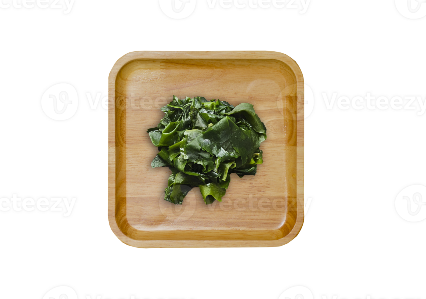 Wakame seaweed on a wooden plate on transparent background. Top view png
